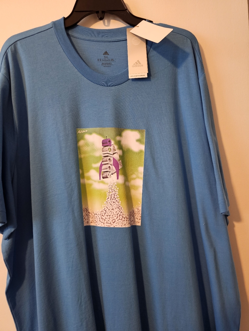 adidas Sky Blue Graphic Tee with Purple Rocket Print Men 3xl New